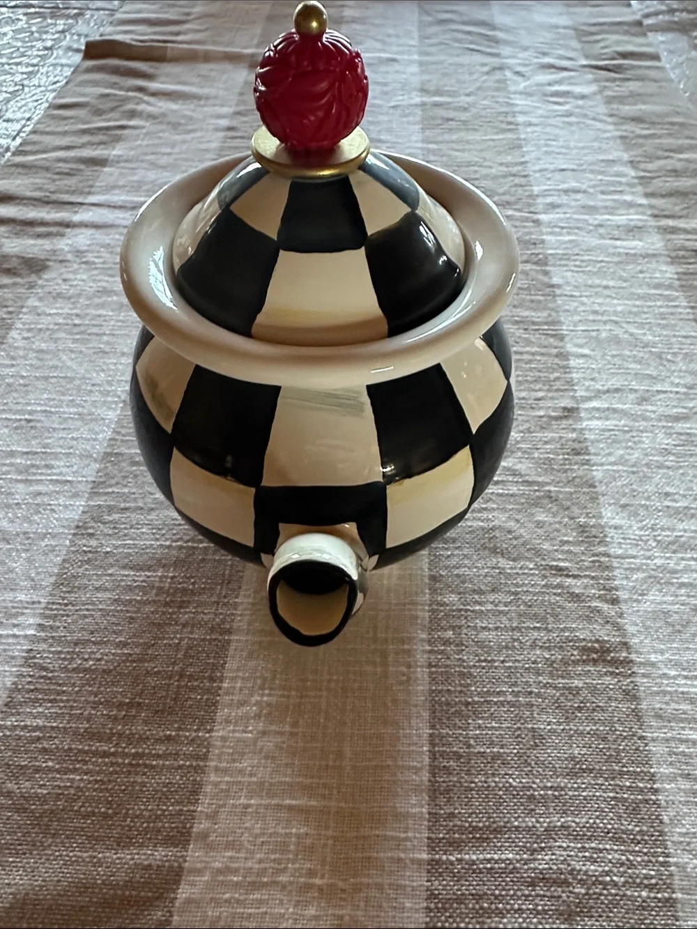 MacKenzie-Childs Courtly Check Enamel Tea For Me Pot Teapot with Red Knob NWT